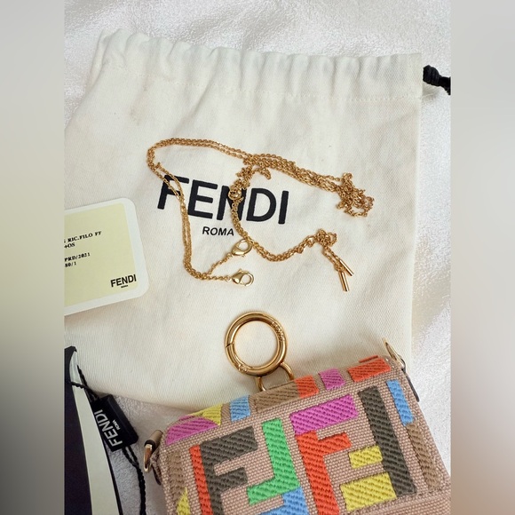 Fendi Kuban Canvas FF Embroidered Nano Baguette Bag Charm Grezzo Multicolor - Picture 17 of 17